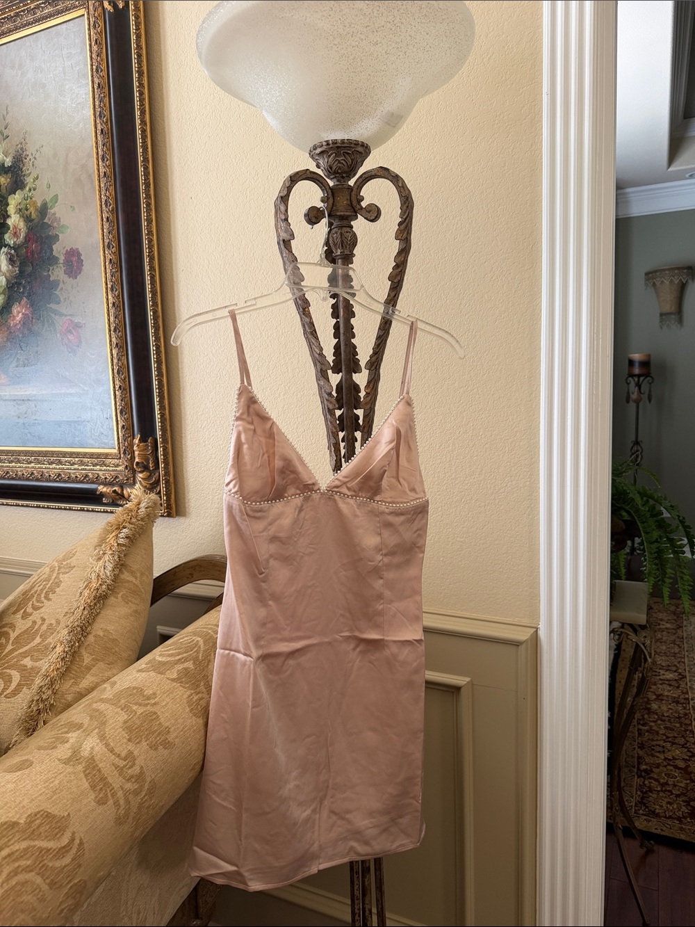 Silky Blush Slip Dress with Delicate Trim - Size small
